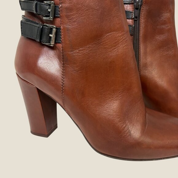Sesto Meucci Brown Leather Ankle Boots Zip Closure Block Heel Buckle Accents Siz - Picture 3 of 11